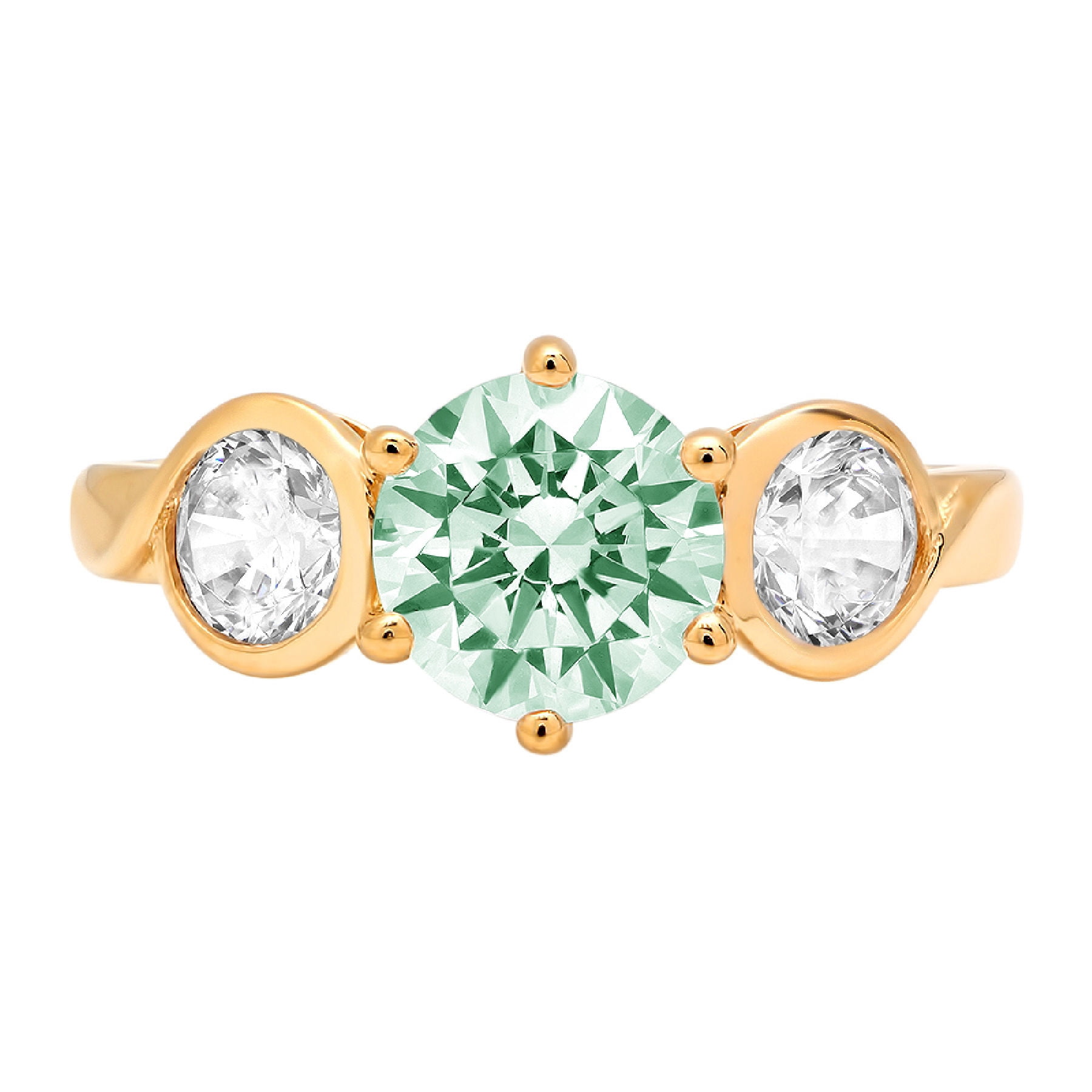 1.72 ct Round Cut Simulated Green Diamond 3 Stone 18K Yellow Gold ...