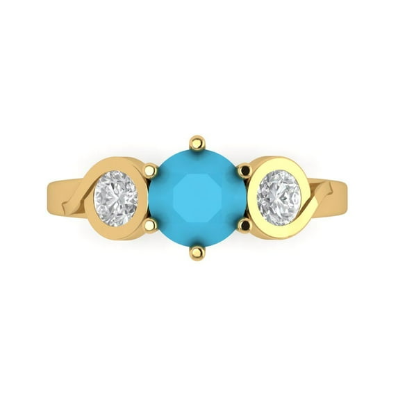 1.72 ct Round Cut Simulated Turquoise 3 Stone 18K Yellow Gold Womens Engagement Ring