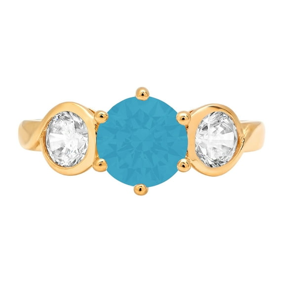1.72 ct Round Cut Simulated Turquoise 3 Stone 18K Yellow Gold Womens Engagement Ring