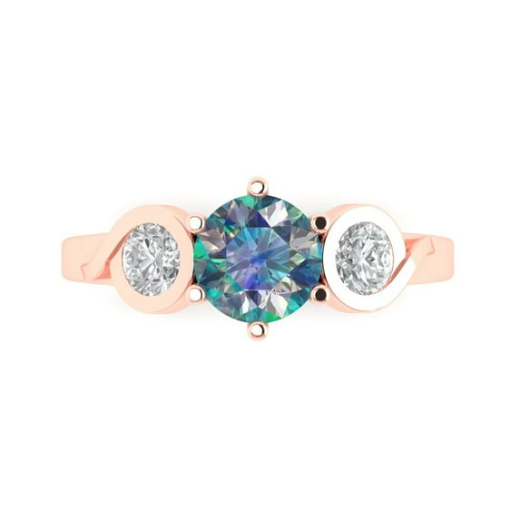 1.72 ct Round Cut Blue Moissanite 3 Stone 14K Rose Gold Womens Engagement Ring
