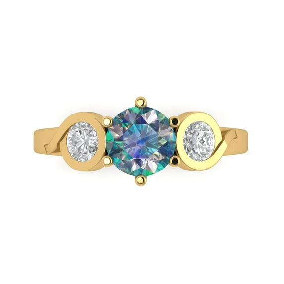 1.72 ct Round Cut Blue Moissanite 3 Stone 18K Yellow Gold Womens Engagement Ring