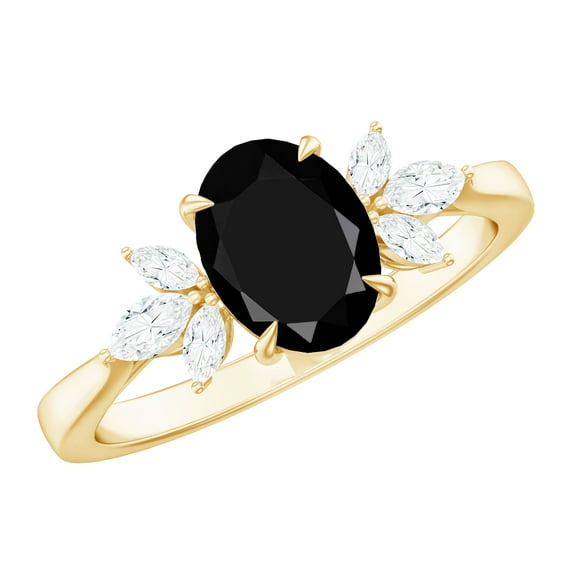 Rosec Jewels Real Black Onyx Oval Engagement Ring for Women - 6X8 mm - Black Onyx Diamond Ring - AAA Grade - with Jewelry Box, 14K Yellow Gold, US 6.00