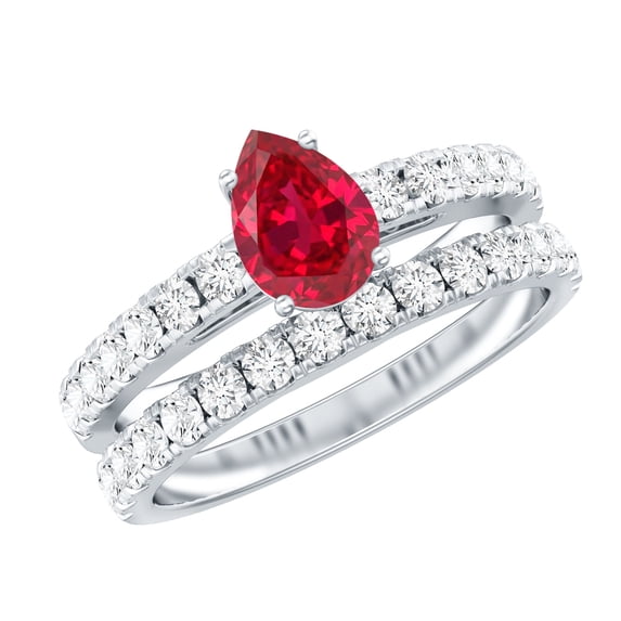 Rosec Jewels Certified Lab Grown Ruby Wedding Bridal Ring Set - Pear Shaped Engagement Ring with Wedding Band - AAAA Quality, 18K White Gold, US 6.00