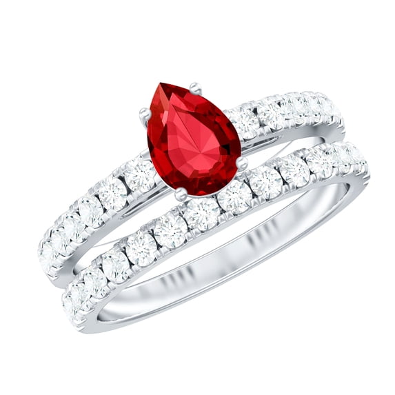 Rosec Jewels Certified Lab Grown Ruby Wedding Bridal Ring Set - Pear Shaped Engagement Ring with Wedding Band - AAAA Quality, 18K White Gold, US 9.50