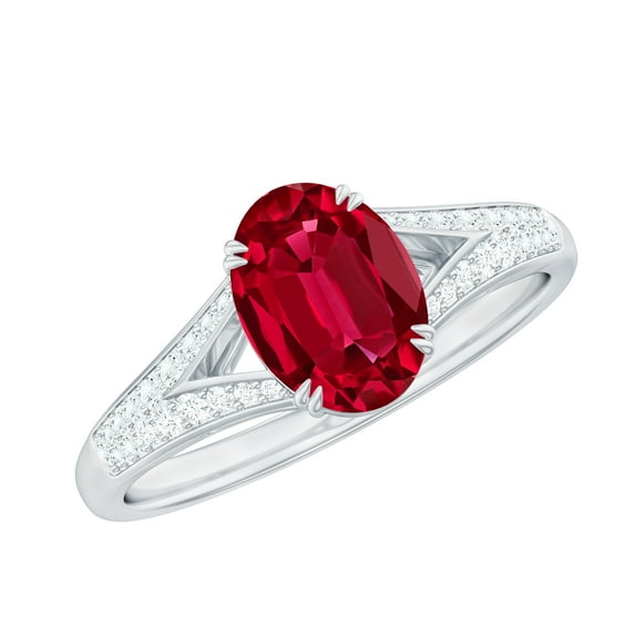Rosec Jewels 1.75 CT Lab Created Ruby Solitaire Ring with Diamond Accent, Oval Cut Created Ruby Ring for Women, 10K White Gold, US 13.00