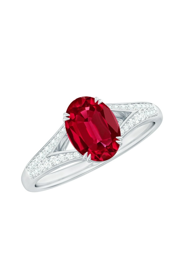 Lab Created Ruby Solitaire Ring with Diamond Accent, Oval Cut Created Ruby Ring for Women, 18K White Gold, US 3.00