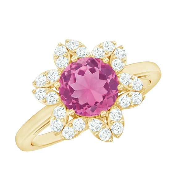 Rosec Jewels Natural Pink Tourmaline and Diamond Ring for Women, Elegant Pink Tourmaline Floral Ring, 18K Yellow Gold, US 7.50