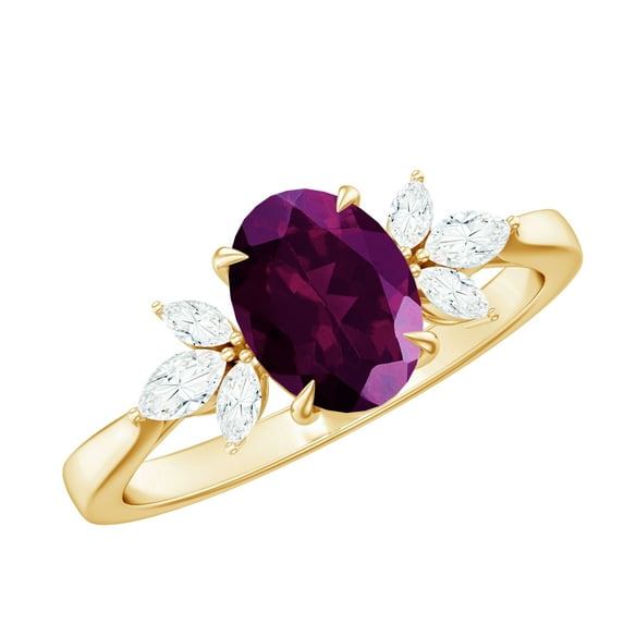 Rosec Jewels 1.75 CT Rhodolite and Diamond Ring, 6X8 MM Oval Cut Rhodolite Solitaire Ring, Marquise Cut Diamond Trio Ring, 10K Yellow Gold, US 7.00