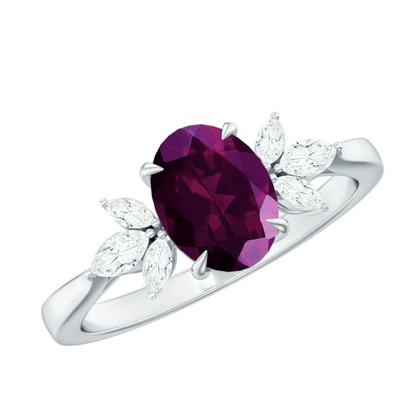 Rosec Jewels 1.75 CT Rhodolite and Diamond Ring, 6X8 MM Oval Cut Rhodolite Solitaire Ring, Marquise Cut Diamond Trio Ring, 925 Sterling Silver, US 5.50