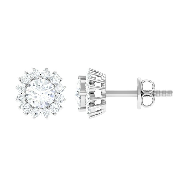 Halo Round Moissanite Stud Earrings, Wedding Silver Earrings, Colorless 2024 Moissanite 925 Sterling Silver Earrings, Push Screw Back Earrings