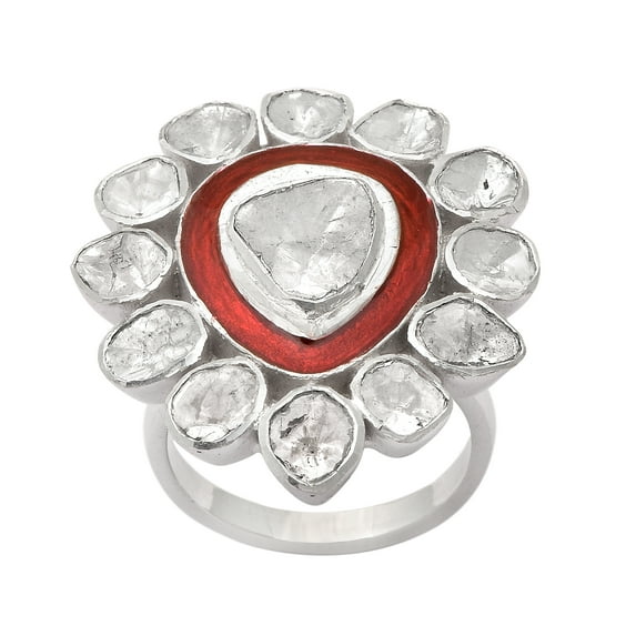 1.75 CTW Natural Diamond Polki Red Enamel Mother's Day Gift Cocktail Ring 925 Silver Jewelry