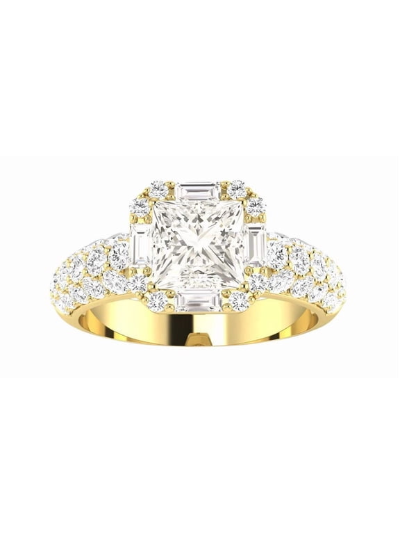1.75 Carat 14K Yellow Gold LAB GROWN Diamond Halo Style Baguette & Pave Set Round Princess Cut Diamond Engagement Ring (E-F Color, VS1-VS2 Clarity) Size: 9.5