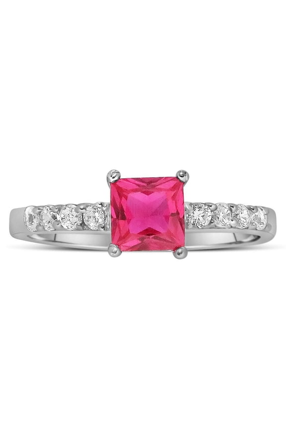 1.75 Carat 6mm Princess Cut Red Ruby Moissanite Diamond Wedding Ring Set In 10K White Gold, Promise Ring, Anniversary Ring
