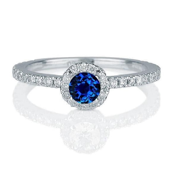 1.75 Carat 6mm Round Cut Blue Sapphire And Moissanite Diamond Halo Engagement Ring in 10k White Gold