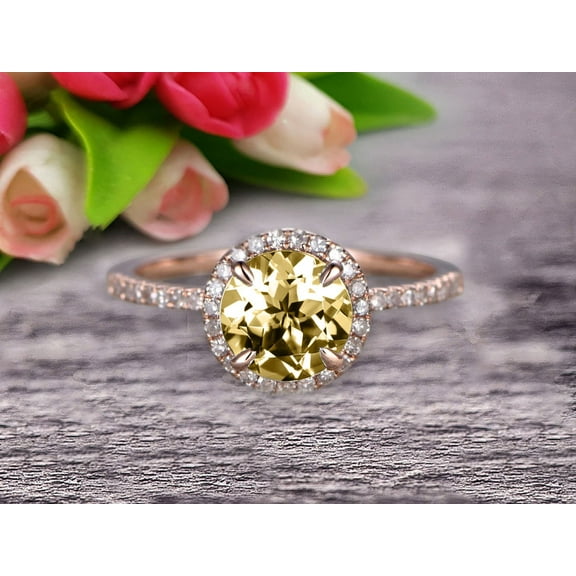 1.75 Carat 6mm Round Cut Champagne Diamond Moissanite Engagement Ring Wedding Anniversary Gift On 10k Rose Gold Halo Design