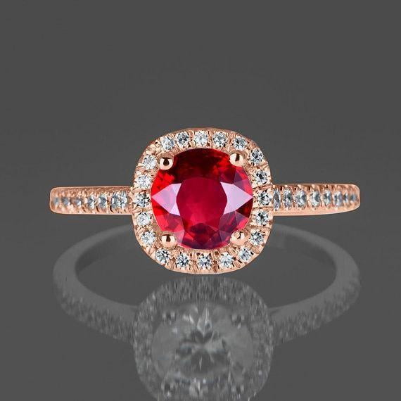 1.75 Carat 6mm Round Cut Red Ruby And Moissanite Diamond Engagement Ring in 10k Rose Gold for Women