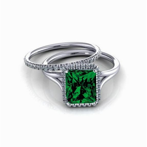1.75 Carat 7x5mm Emerald Cut And Moissanite Diamond Halo Bridal Set in 10k White Gold