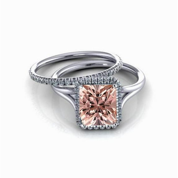 1.75 Carat 7x5mm Emerald Cut Morganite Bridal Set with Diamond Moissanites with 18k Gold Plating