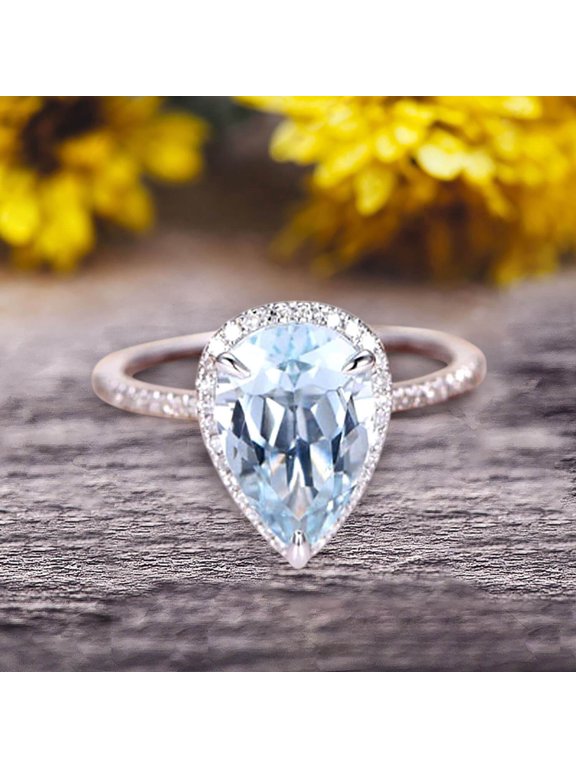 1.75 Carat 8x5mm Pear shaped Aquamarine Engagement Ring 10k White Gold Halo setting