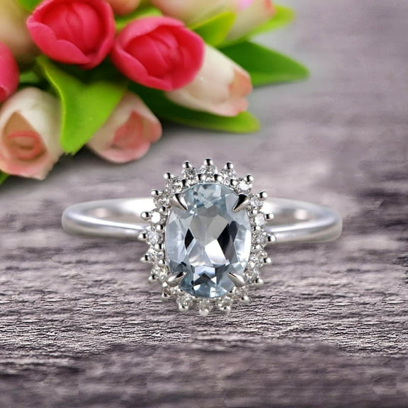 1.75 Carat 8x6mm Oval Cut Aquamarine Engagement Ring With 10k White Gold Halo Flower Prong Set