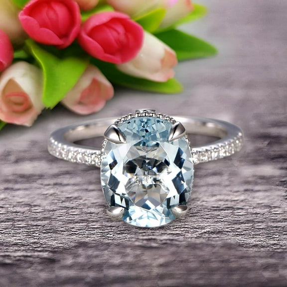 1.75 Carat 8x6mm Oval Cut Aquamarine Engagement Ring on 10k Rose Gold