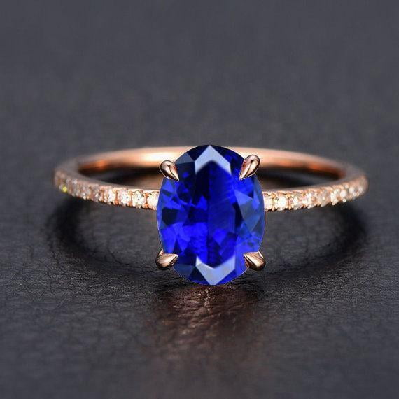 1.75 Carat 8x6mm Oval Cut Blue Sapphire Engagement Ring in 10k Rose Gold for Women on Sale