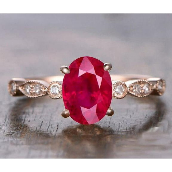 1.75 Carat 8x6mm Ruby and Moissanite Diamond Engagement Ring in 10k Rose Gold for her