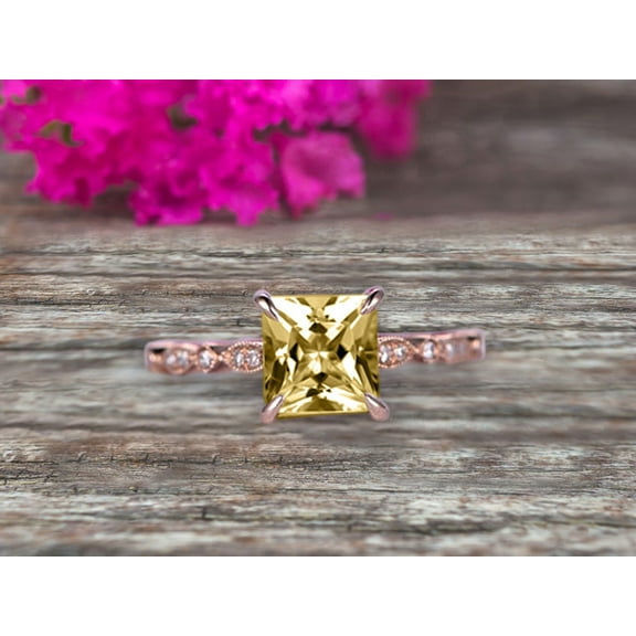 1.75 Carat Champagne Diamond Moissanite Engagement Ring in 10k Rose Gold Art Deco 6mm Princess Cut