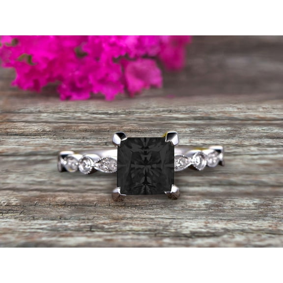 1.75 Carat Classic Princess Cut Black Diamond Moissanite Engagement Ring On 10K White Gold