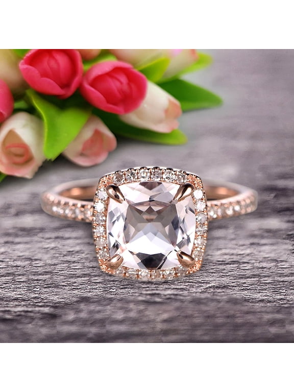 1.75 Carat Cushion Cut Morganite Engagement Ring Wedding Ring Promise Ring 10k Rose Gold Claw Prong Stacking Band Anniversary Gift