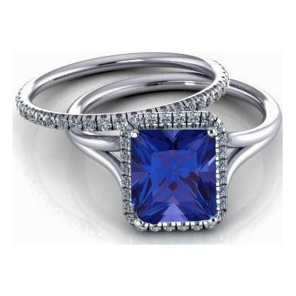 1.75 Carat Emerald Cut Blue Sapphire And Moissanite Diamond Halo Bridal Set in 10k White Gold