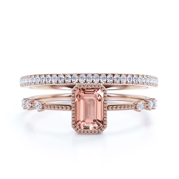 1.75 Carat Emerald Cut Morganite And Diamond Moissanite Thin Engagement Ring, Slim Wedding Ring in 925 Sterling Silver With 18k Rose Gold Plating Bridal Rings Set, Promise Ring, Anniversary Ring