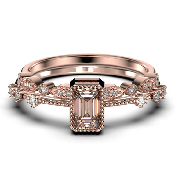 1.75 Carat Emerald Cut Morganite And Diamond Moissanite Thin Engagement Ring, Slim Wedding Ring in 925 Sterling Silver With 18k Rose Gold Plating Bridal Rings Set, Promise Ring, Anniversary Ring