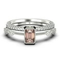 thumbnail image 1 of 1.75 Carat Emerald Cut Morganite And Diamond Moissanite Thin Engagement Ring, Slim Wedding Ring in 925 Sterling Silver With 18k White Gold Plating Bridal Rings Set, Promise Ring, Anniversary Ring, 1 of 3