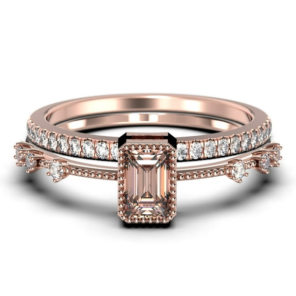 1.75 Carat Emerald Cut Morganite And Diamond Moissanite Thin Engagement Ring, Slim Wedding Ring In 925 Sterling Silver With 18K Rose Gold Plating Bridal Rings Set, Promise Ring, Anniversary Ring