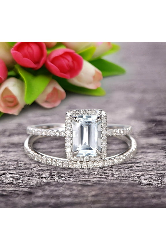 1.75 Carat Emerald Cut Wedding Set Aquamarine Engagement Ring With Matching Band On 10K White Gold, Promise Ring, Anniversary Ring