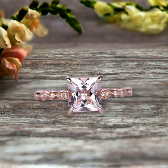 1.75 Carat Morganite Engagement Ring With Diamond Moissanite in 10k Rose Gold Art Deco 6mm Princess Cut Pink Morganite Ring
