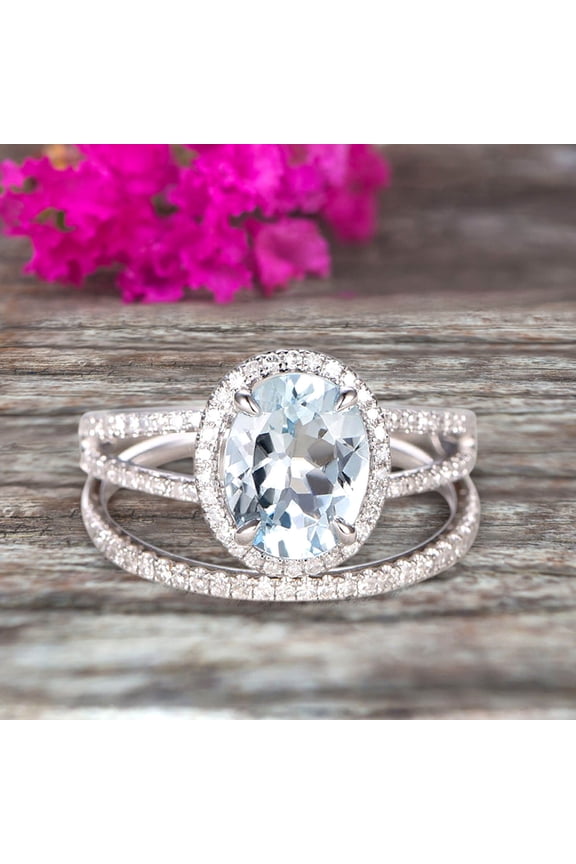 1.75 Carat Oval Cut Aquamarine Bridal Ring Set Anniversary Gift Engagement Ring On 10k White Gold Art Deco Stacking Matching Wedding Band