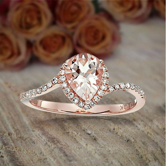 1.75 Carat Peach Pink Morganite (8x5mm Pear Cut Morganite) and Diamond Moissanite Engagement Ring with 18k Gold Plating