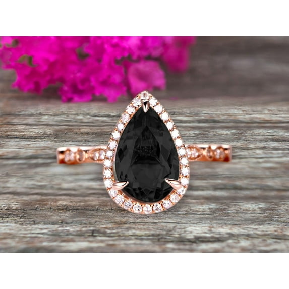 1.75 Carat Pear Shape Black Diamond Moissanite Engagement Ring Art Deco Wedding Ring 10k Rose gold Milgrain Anniversary Ring with Halo Design