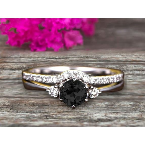 1.75 Carat Round Cut Black Diamond Moissanite Engagement Ring 10K White Gold With Art Deco Vintage Looking Matching Wedding Band