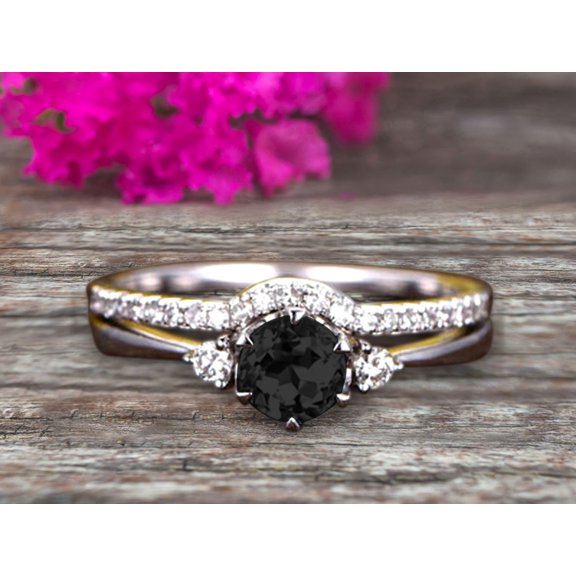 1.75 Carat Round Cut Black Diamond Moissanite Engagement Ring 10k White Gold With Art Deco Vintage Looking Matching Wedding Band
