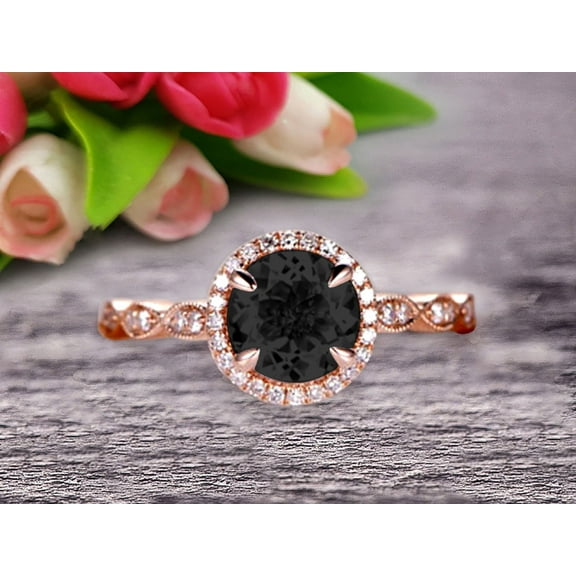 1.75 Carat Round Cut Gemstone Black Diamond Moissanite Engagemrnt Ring On 10k Rose Gold