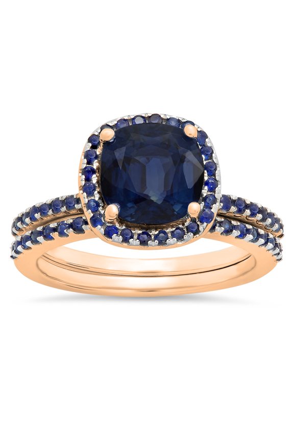 1.75 Carat (ctw) 10K Rose Gold Cushion & Round Cut Blue Sapphire Ladies Bridal Halo Engagement Ring With Matching Band S