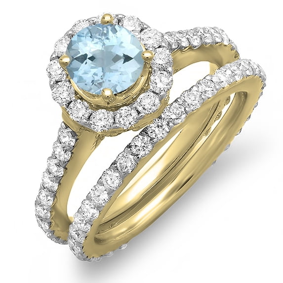 1.75 Carat (ctw) 10K Yellow Gold Round Cut Aquamarine & White Diamond Ladies Halo Style Bridal Engagement Ring Matching