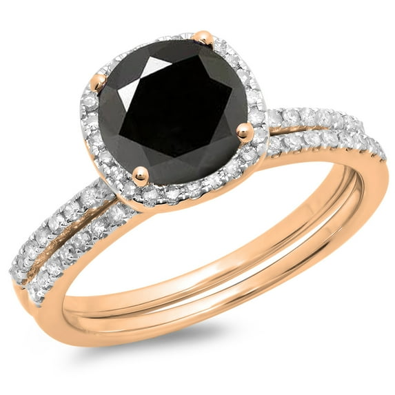 1.75 Carat (ctw) 14K Rose Gold Round Cut Black & White Diamond Ladies Bridal Halo Engagement Ring With Matching Band Set