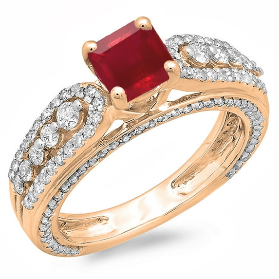 1.75 Carat (ctw) 18K Rose Gold Princess Cut Ruby & Round Diamond Ladies Vintage Style Solitaire With Accents Bridal Enga