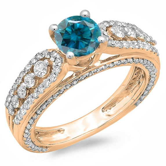 1.75 Carat (ctw) 18K Rose Gold Round Blue & White Diamond Ladies Vintage Style Solitaire With Accents Bridal Engagement