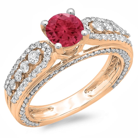 1.75 Carat (ctw) 18K Rose Gold Round Red Ruby & White Diamond Ladies Vintage Style Solitaire With Accents Bridal Engagem