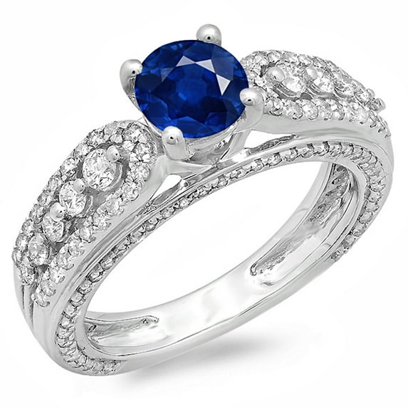 1.75 Carat (ctw) 18K White Gold Round Blue Sapphire & White Diamond Ladies Vintage Style Solitaire With Accents Bridal E
